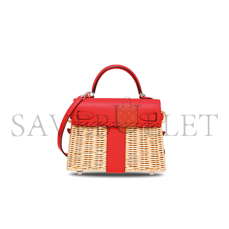 HERMÈS MASTER ROUGE DE COEUR SWIFT LEATHER & OSIER MINI PICNIC KELLY 20 WITH PALLADIUM HARDWARE (20*14*8cm) 